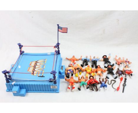 Original Hasbro WWF Wrestling ring plus Hulk Hogan, The Mountie, Texas Tornado x 2, Jake the Snake Roberts, Hacksaw Jim Dugga