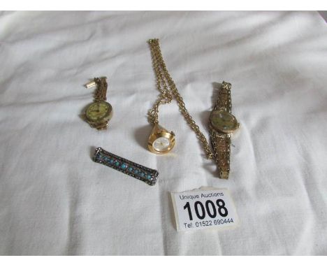 2 Edwardian ladies wrist watches, a 1970's pendant watch and a turquoise brooch