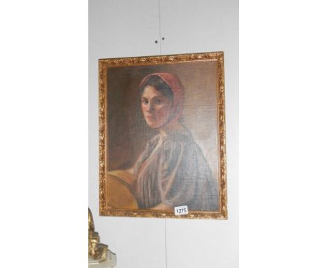 A continental school portrait of a young lady holding a churn, unsigned
