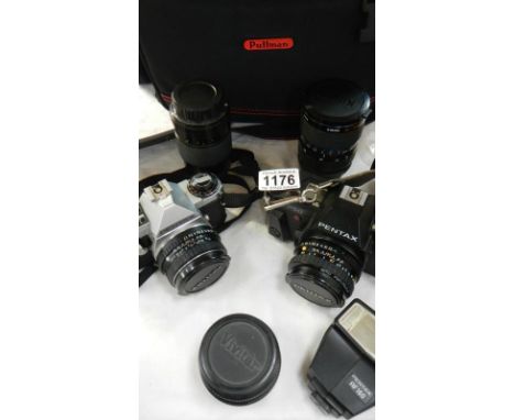 A Pentax ME Super,  Pentax P50, Pentax AF160 Flash, 5 lens including Pentax, Kirco and Vivitar, case and accessories