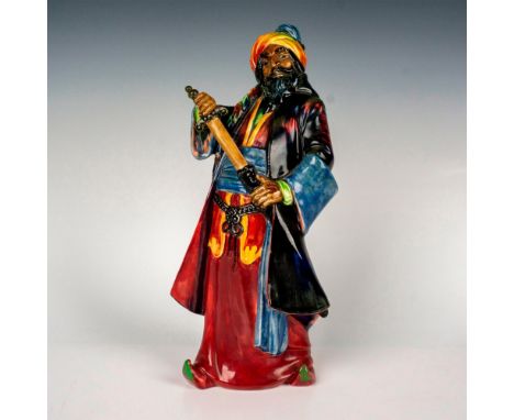 Rare version. Glazed finish depicting bearded man in turban, burgundy tunic, dark blue overcoat, pulling his sword from its s