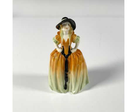 Hand painted Style Two in two tone orange and green dress with black hat and sash. Gloss finish. Royal Doulton backstamp in g