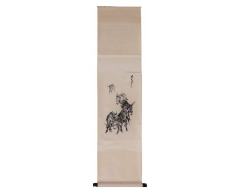 A Japanese Kakejiku painted in inks and colour on silk and depicting fishing...   A Japanese Kakejiku   painted in inks and c