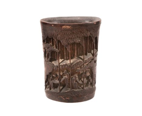 A Chinese bamboo brush pot depicting the 'Seven Sages of the Bamboo Grove'   A Chinese bamboo brush pot depicting the 'Seven 