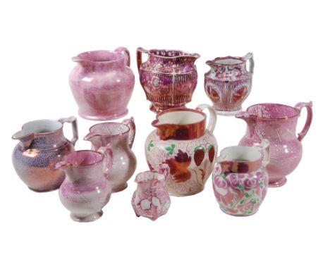 A selection of British pottery and pearlware pink-lustre jugs   A selection of British pottery and pearlware pink-lustre jugs