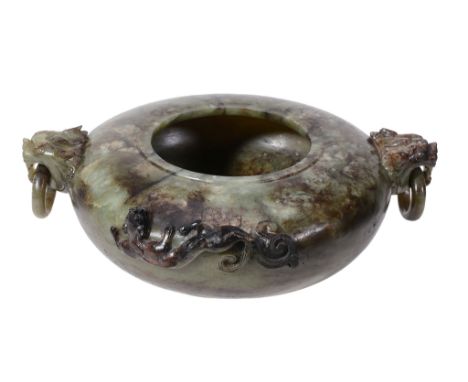 A Chinese green hardstone two-handled bowl, 20th century   A Chinese green hardstone two-handled bowl,   20th century, of com