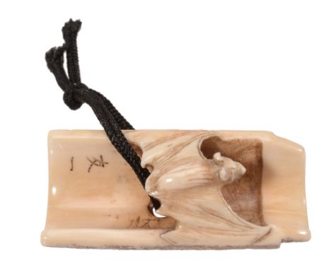 Tomokazu: An Ivory Netsuke carved in the form of a discarded pottery...   Tomokazu: An Ivory Netsuke   carved in the form of 