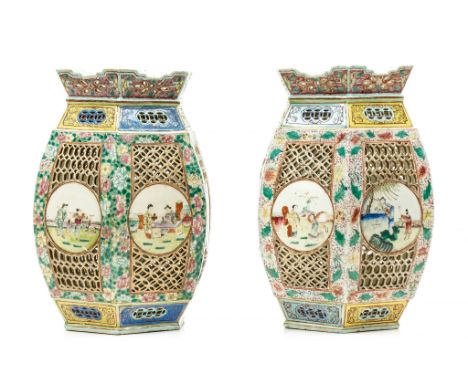 A pair of large famille rose 'mille-fleurs' lanterns   A pair of large famille rose 'mille-fleurs' lanterns  , each hexagonal