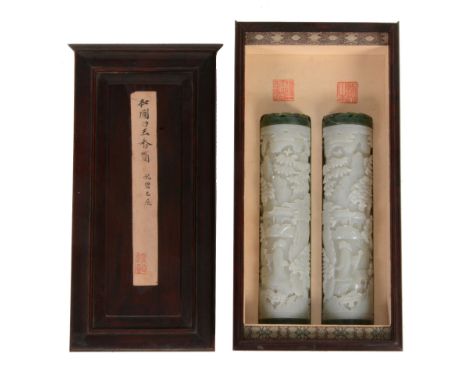 A good pair of pale celadon jade cylindrical parfumiers   A good pair of pale celadon jade cylindrical parfumiers,   the ston