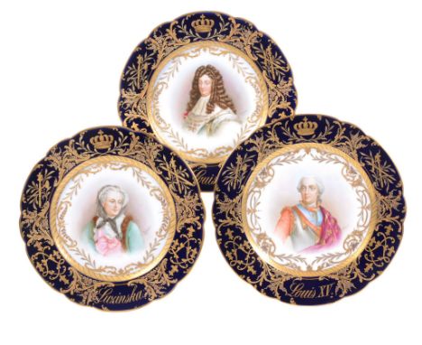 Three Sevres-style portrait cabinet plates signed Delacroix , late 19th century   Three Sevres-style portrait cabinet plates 