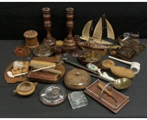 Boxes and Objects - a pair of 20th century oak candle sticks, fishing reels, clay pipes, hand brushes, wall hanging mirror, e