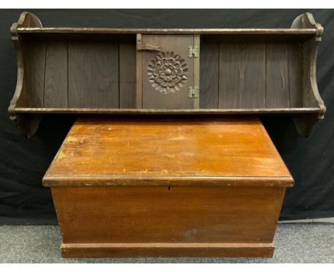 A Jack Grimble of Cromer oak kitchen wall-shelf with cupboard, 137cm wide; and a pine blanket chest, c. 1900, 85cm x 47cm x 4