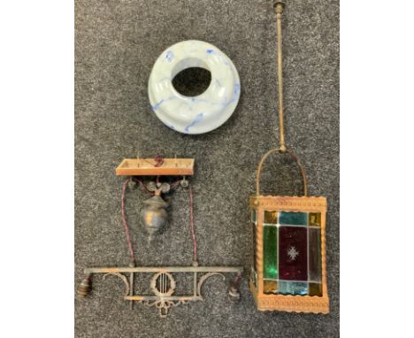 A Victorian stained glass hall lantern, 91cm high, c.1890;  a Victorian adjustable two light ceiling light, c.1870;  a 1930 f
