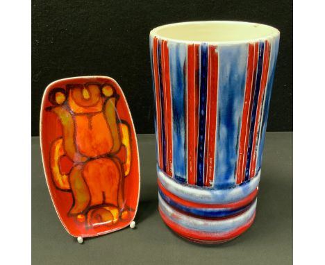 Poole Pottery 'Union Jack' pattern, ribbed cylinder vase, 24cm tall;  a Poole trinket dish, (2). 