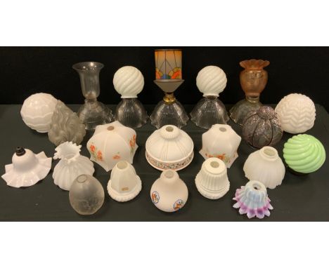 Light fitting - glass ceiling shades, mottled glass shades, various oil lamp shades, milk glass etc. 