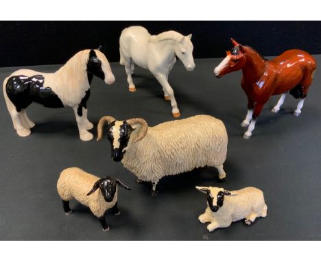 A John Beswick model walking horse, light grey; others Piebald Pony, Brown Horse Head up;  Sheep and two lambs (6) 