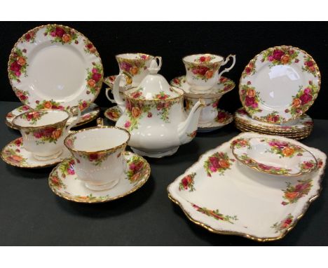 A Royal Albert Old County Rose pattern six setting teaset,  inc cups, saucers, sandwich tray, teapot etc 