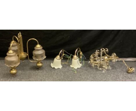 Lighting - a brass and perspex ceiling light basket, 32cm high;  another;  side light;  etc 