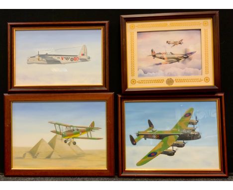 David Beswick, three  aircraft paintings, City of Lincoln Lancaster Bomber, Bi-Plane over the Pyramids, etc; Battle of Britai