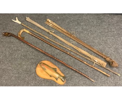 Fishing Interest - a walking stick, with fish handle;  a wooden wall plaque of a fish;  fishing rods;  etc 