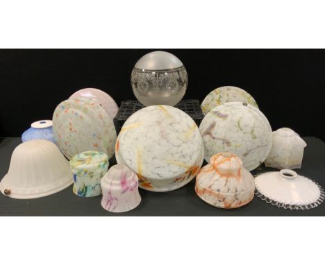 Light fittings - mottled glass shades; glass ceiling shades, 14cm high, 36cm diameter, others. 