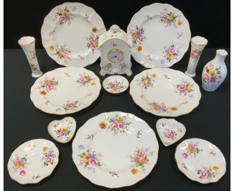 Royal Crown Derby Posies Ware - a mantel clock, two spill vases, trinket dishes, five wavy edge plates 