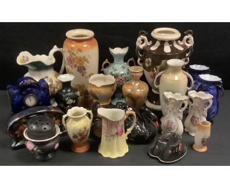 Ceramics, Victorian and early 20th century - mantel clock and garniture;  large twin handled pedestal vase;  Black Swan form 