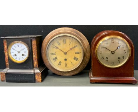 A Victorian slate mantel clock, twin winding holes, eight day movement, c.1870;  an Edwardian mahogany arched mantel clock, c
