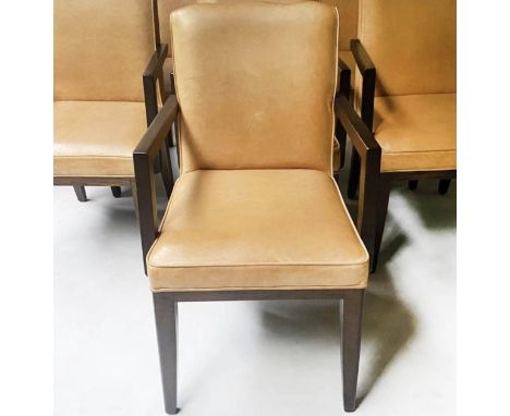 ARMCHAIRS, a set of four piped light tan leather and oak framed, 53cm W. 
