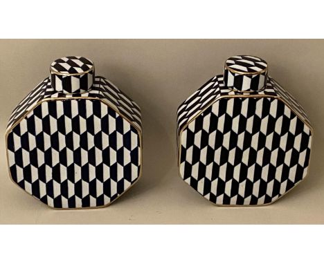 GINGER JARS, a pair, glazed ceramic, 1960's style geometric print design, 29cm x 24cm x 10cm. (2) 