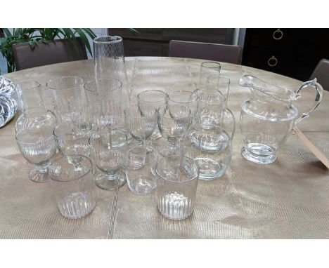 GLASS WARE SELECTION, including eight dessert glasses, a water jug, four decanters, three tumblers, two plastic wine goblets,