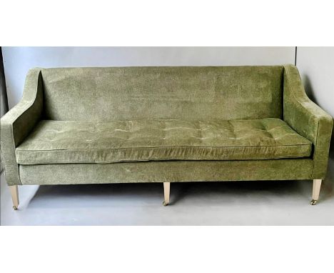 SOFA, Danish style moss green upholstery, buttoned with tapering square supports, 230cm W. 