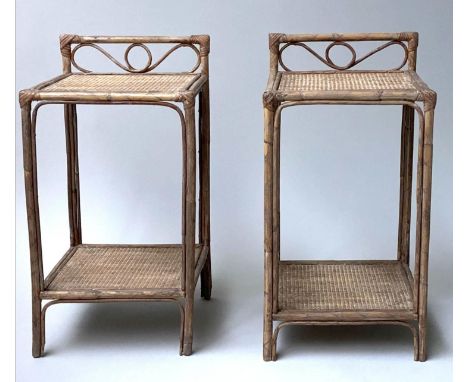 LAMP TABLES, a pair, bamboo and cane each with upstand and undertier (2), 58cm H x 31cm W x 30cm D. 
