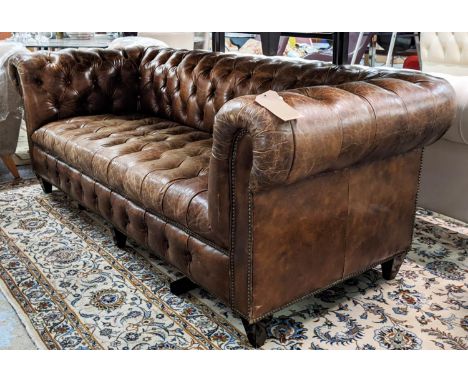 HALO SOFA, 216cm W approx, Chesterfield style, tanned leather. 