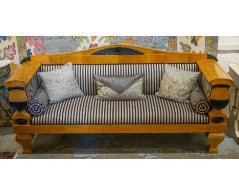 SOFA, 105cn H x 228cm W x 67cm D, Biedermeier birch and ebonised, in striped upholstery. 