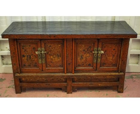 SIDE CABINET, 70cm H x 128cm W x 44cm D, 19th century Chinese red and black lacquered of four gilt decorated doors enclosing 