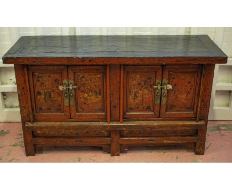 SIDE CABINET, 70cm H x 128cm W x 44cm D, 19th century Chinese red and black lacquered of four gilt decorated doors enclosing 