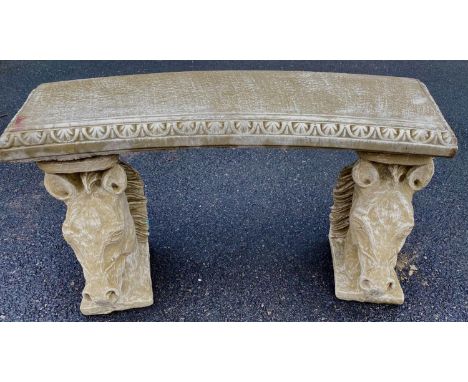 ARCHITECTURAL GARDEN SETTLE, composite stone with two stallion head supports, 100cm x 40cm x 58cm H. 