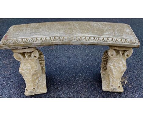 ARCHITECTURAL GARDEN SETTLE, composite stone with two stallion head supports, 100cm x 40cm x 58cm H. 