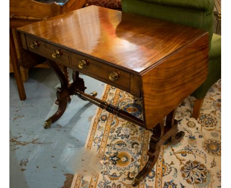 SOFA TABLE, 137cm open x 73cm H x 61cm, Regency mahogany drop flap with two short drawers below and two false to the reverse 