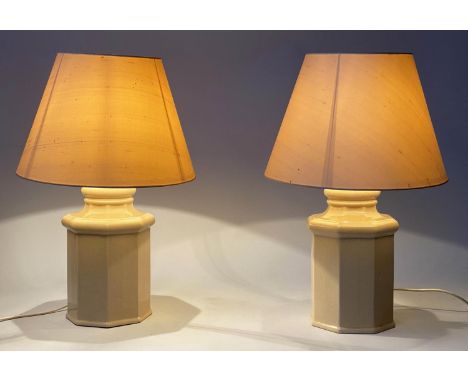 TABLE LAMPS, a pair, octagonal crackle glaze ceramic with raw silk shades, 62cm H. (2) 