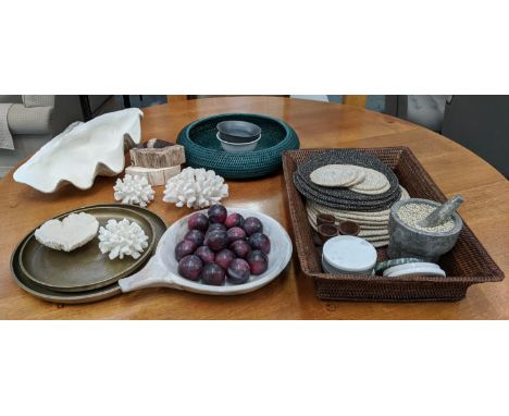 COLLECTION OF INTEREST, including two baskets, twelve place mats, thirteen coasters, three egg cups, a pestal and mortal, eig