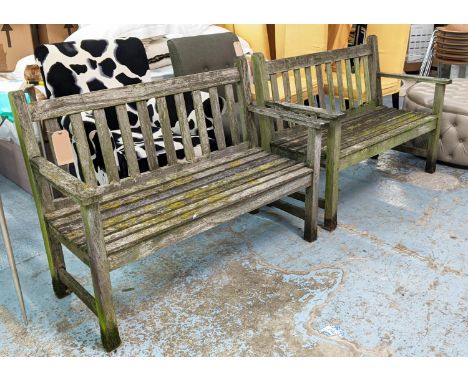 GARDEN BENCHES, a pair, weathered finish, 120cm x 55cm. (2) 