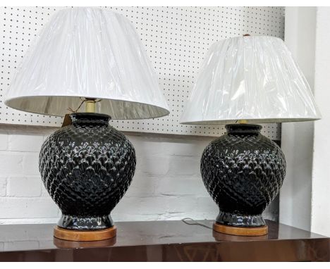 LAUREN RALPH LAUREN HOME TABLE LAMPS, a pair, 65cm H black glazed ceramic, with shades. (2) 