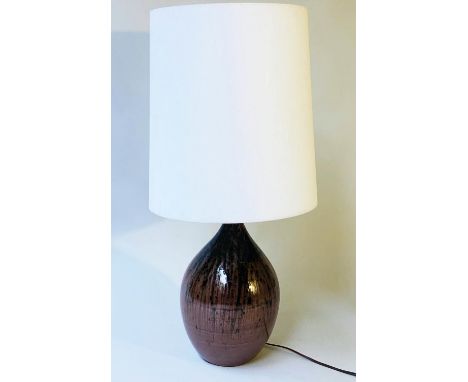 STUDIO CERAMIC TABLE LAMP, vase form, slipware, rust brown with shade 83cm H. 