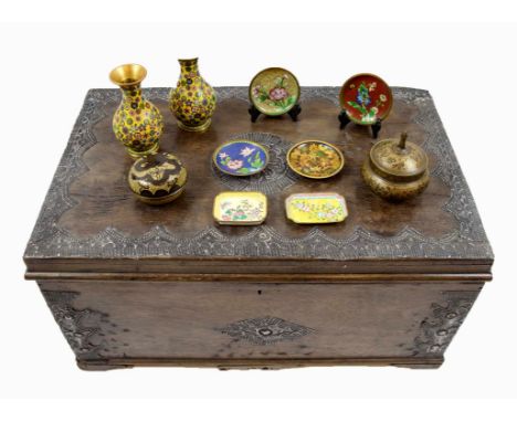 CLOISONNE DRAGON BOX, along with a pair of vases, six enamel and cloisonne trays and a brass Islamic box. (10) 