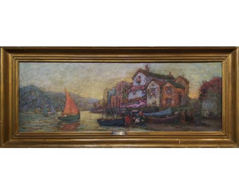 MADELEINE JULLIOTT (Early 20th Century French) 'Italian Lakeside View, with Figures and Cottage', oil on panel, 33cm x 95cm, 