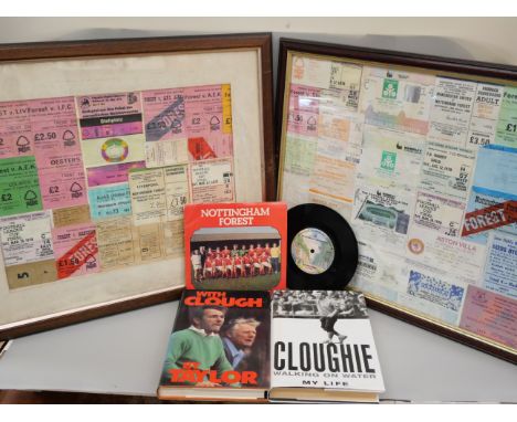 Nottingham Forest; a collection of ticket stubs in two frames, two books, With Clough by Taylor and Cloughie Walking on Water