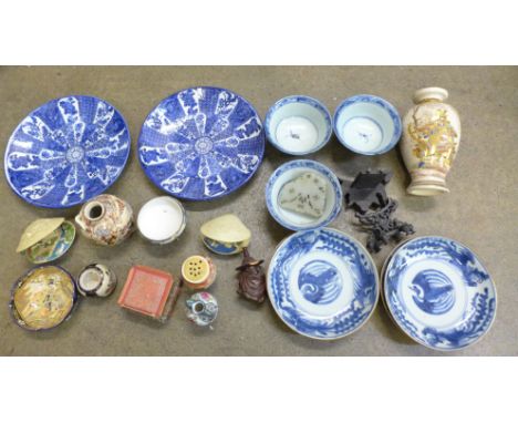 A collection of Oriental ceramics and other items including transfer printed and hand painted blue and white ceramics, a jade