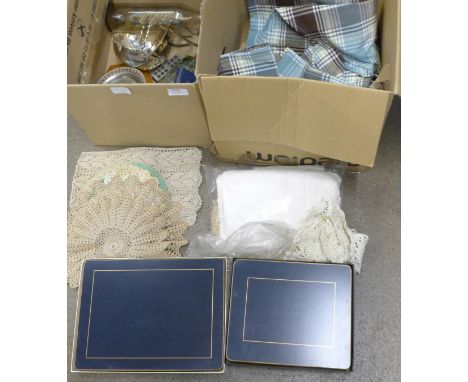 A box of assorted items, ship in bottle, brass compass, Universal slide rule, barometer, linen, etc. **PLEASE NOTE THIS LOT I